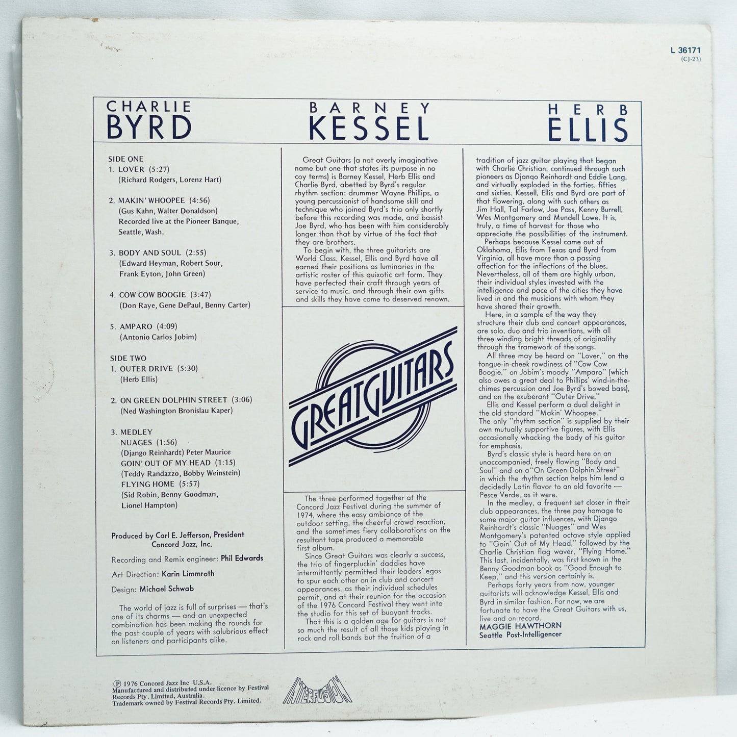 Charlie Byrd, Barney Kessel, Herb Ellis ‎– Great Guitars